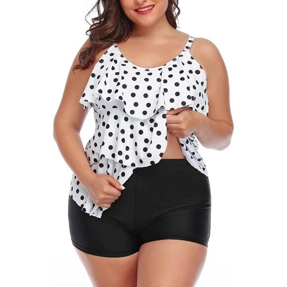 Polka Dot Tankini Swimsuit Set Ruffle Top High Waisted Shorts Size 20W - Picture 3 of 11